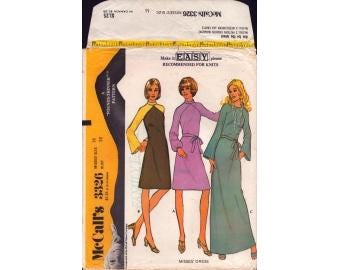 1972 Misses Knee or Floor Length Dress with Long Raglan Sleeves Roll Collar Option Uncut Size 16 - McCalls Sewing Pattern 3326