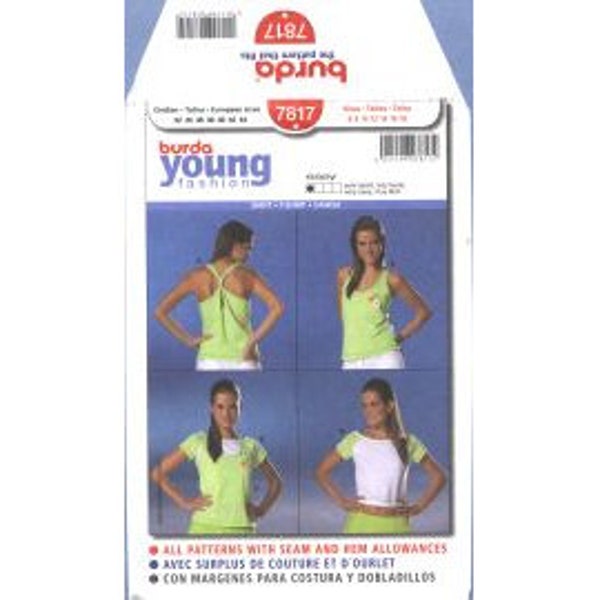 2000s Misses  Tank Top or Raglan Sleeve Bateau Neck T Tee Shirt UC FF Size 6,8,10,12,14,16,18 - Burda Young Fashion Sewing Pattern 7817