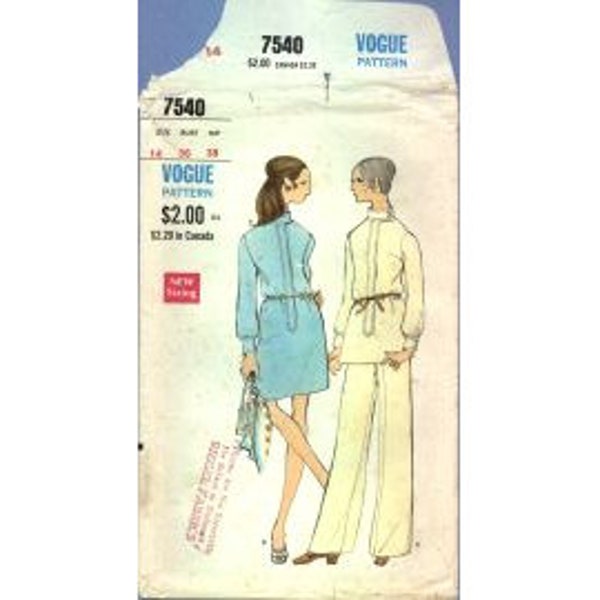 1969 Misses Long Sleeve Button Cuff Dress or Tunic Top with Fly Front Pants Uncut Factory Fold Size 14 - Vogue Sewing Pattern 7540