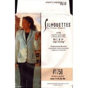 May include: A white sewing pattern envelope with a photo of a woman wearing a blue jacket. The pattern is for a jacket called "Robin's Jacket" and is from the Silhouette's line of patterns. The pattern includes exclusive B, C, and D cup sizing and is for sizes 1-4 and 5-8.