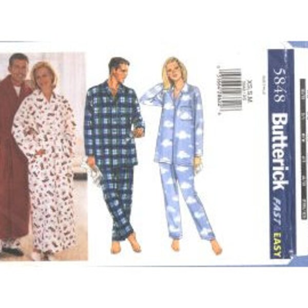 2001 Unisex Misses Mens Wrap Robe Pajamas Pull On Pants Front Button Top with Collar UC FF Size XS,S,M - Butterick Sewing Pattern 5848