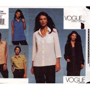 May include: Vogue Basic Design sewing pattern 2634. The pattern features images of women wearing various shirt styles, including sleeveless, short-sleeved, and long-sleeved options. The shirts are in neutral colors, and the pattern includes the Vogue logo.