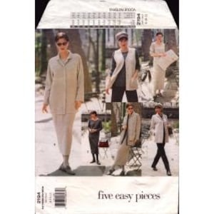 May include: A vintage sewing pattern titled "five easy pieces" featuring multiple images of women's clothing. The pattern includes a long jacket, skirt, vest, dress, and a long-sleeved top. The pattern is labeled "Vogue Patterns 2104".
