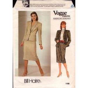 May include: A vintage Vogue sewing pattern for a skirt and jacket suit. The pattern is for size 11/12 and is designed by Bill Haire.