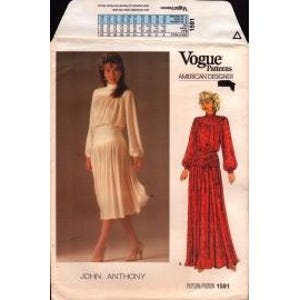 May include: Vogue Patterns 1591 sewing pattern featuring a John Anthony design. The package shows a woman in a cream-colored dress and a red dress. The pattern includes a size chart and the Vogue Patterns logo.