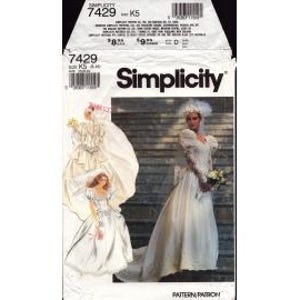 May include: Simplicity pattern 7429 for bridal gowns. The pattern envelope features illustrations of two different wedding dresses, one with a long train and the other with a shorter skirt. The envelope is white with black text and a barcode.