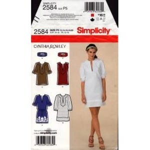 May include: Simplicity sewing pattern 2584 featuring Cynthia Rowley designs. The pattern includes options for a tunic or dress with various sleeve lengths and necklines. The image shows a woman wearing a white dress and illustrations of the different design options.