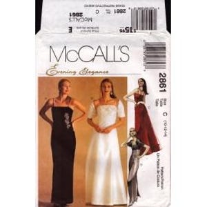 May include: McCall's Evening Elegance sewing pattern for a dress. The pattern includes three different styles: a black strapless dress, a white dress with a square neckline and a beaded bodice, and a red dress with a sweetheart neckline and a beaded bodice.
