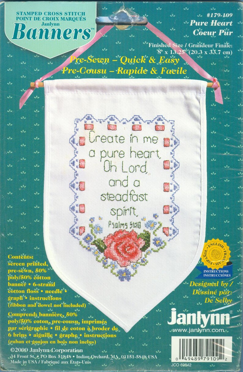 2000 Create In Me A Pure Heart Psalm 5110 Nip Diy Stamped Cross Stitch Kit By Designer De Selby 8 X 13 14 Janlynn Banners Kit 179 109 - 