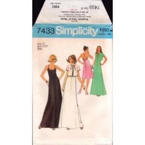 May include: Simplicity sewing pattern 7433 featuring illustrations of four different long dresses. The pattern envelope is white with a blue and green header. The price is $1.50.