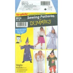 May include: A Simplicity sewing pattern for children's costumes, featuring various designs including a wizard and a princess. The packaging is white and yellow, with the text "Sewing Patterns for Dummies" and "9910" visible.