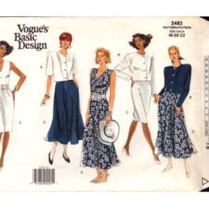 May include: Vogue's Basic Design sewing pattern featuring five women's fashion designs. The designs include dresses, skirts, and jackets. The pattern includes size information and a barcode. The Vogue logo is visible in the upper left corner.