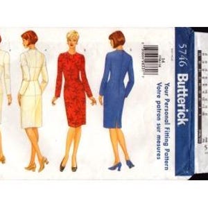 May include: A Butterick 5746 sewing pattern envelope featuring illustrations of four long-sleeved dresses in white, red with a black leaf print, and blue. The package includes the text Butterick 5746 Your Personal Fitting Pattern.