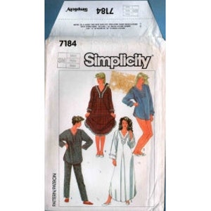 May include: Simplicity sewing pattern number 7184 for a long-sleeved tunic, pants, and nightgown. The pattern includes four different styles: a blue tunic, a brown tunic, a white nightgown, and a blue nightgown.