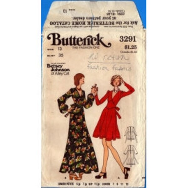 1973 Junior Fitted Midriff Flared Dress Long Sleeves Back Ties by  Betsey Johnson of Alley Cat UC FF Size 13 - Butterick Sewing Pattern 3291