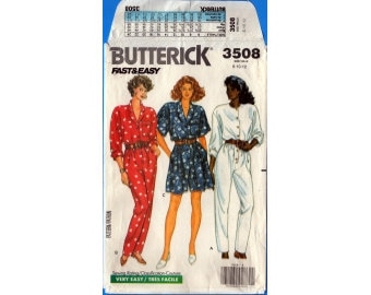 1989 Misses Front Button Notch Collar or Collarless Blouson Bodice Jumpsuit S or L Sleeve UC FF Size 8,10,12 - Butterick Sewing Pattern 3508