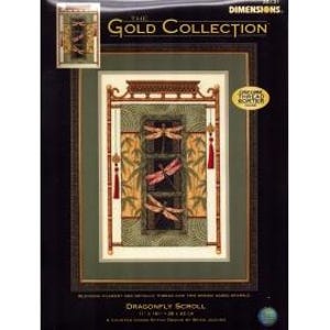 May include: A Dimensions Gold Collection counted cross stitch kit titled Dragonfly Scroll. The package features an illustration of three dragonflies in a vertical arrangement, framed by bamboo-style borders with red tassels and green foliage.