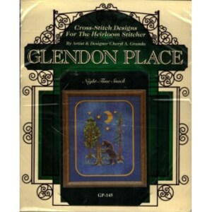 May include: Cross-stitch pattern for a black bear standing under a tree with a crescent moon and stars in the sky. The pattern is titled "Night Time Stroll" and is part of the Glendon Place collection, GP-145.