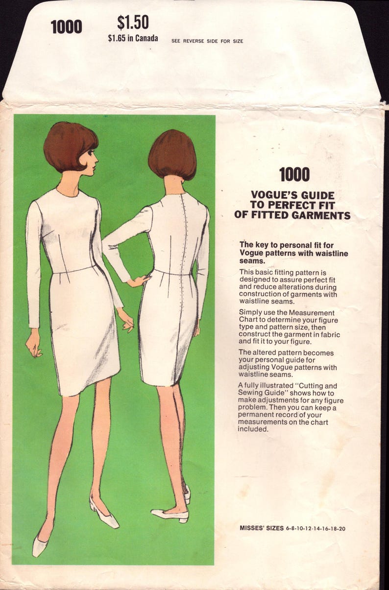 May include: A vintage Vogue sewing pattern envelope, number 1000, featuring a guide to fitting garments. The illustration shows two views of a long-sleeved, knee-length dress in white. Text includes Vogue's Guide to Perfect Fit of Fitted Garments.