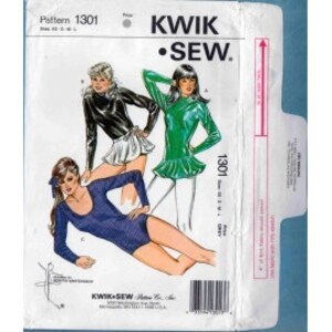 1983 Misses Stretch Knit Long Sleeve Leotard Turtleneck or Scoop Neck & Circ Wrap Skirt UC FF Size XS,S,M,L - Kwik Sew Sewing Pattern 1301
