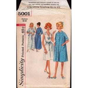 May include: A Simplicity sewing pattern envelope labeled 5001, size Medium 14-16. The front features illustrations of four different robe and dress styles in blue, white, and floral patterns, with text including Simplicity Printed Pattern 65c.