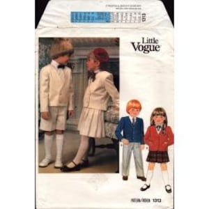 May include: A vintage Little Vogue sewing pattern featuring children's formal wear. The pattern includes instructions for a double-breasted blazer, shorts, a pleated skirt, and a jacket. The cover shows children in the outfits, with measurements in inches.