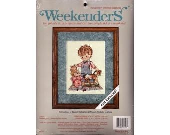 2000s Weekenders Joey Young Boy Teddy Bear & Horse Toy  DIY Counted Cross Stitch Kit with Mat by Designer Don Ashley 5" x 7" - JCA Kit 03507