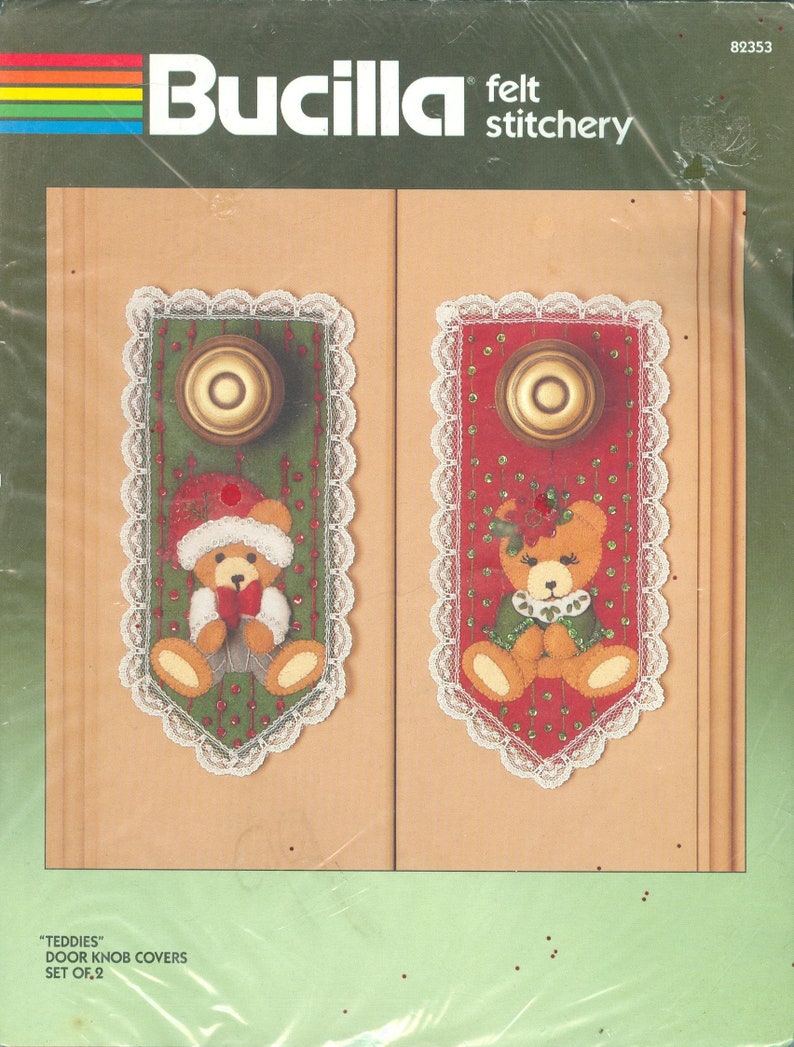 Bucilla Kit 82353 1990s Teddies Teddy Bears NIP DIY Set of 2 Door Knob Covers Vintage Felt Applique Stitchery Kit One size