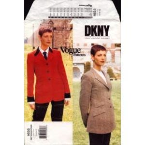 May include: A Vogue Patterns sewing envelope for DKNY design 1655, featuring two blazer styles. One image shows a red blazer with a black collar and cuffs, the other a brown tweed blazer. Both jackets have buttons, lapels, and pockets.