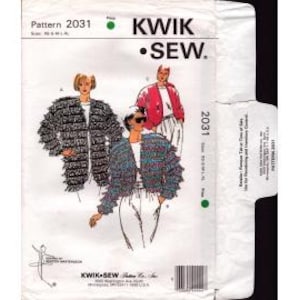May include: A sewing pattern for a jacket with a ruffled trim. The pattern is from Kwik Sew and is for sizes XS, S, M, and L. The pattern number is 2031.