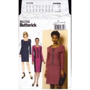 May include: Butterick B6256 sewing pattern featuring illustrations of women's suits. The pattern includes a navy blue suit with a ruffled collar, a pink and black suit, and a red suit with a zipper detail. The pattern envelope is white with black text.