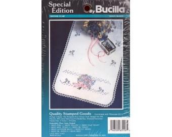 2000s Violet Bloom NIP Stamped Embroidery Dresser Scarf with Lace   NO FLOSS 15&quot; x 39&quot; - Bucilla Special Edition Kit 63116