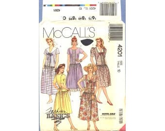 1989 Misses Front Button Pintuck Bodice Short Sleeve Drop Waist Gathered Skirt Dress  Collar UC FF Size 10 - McCalls Sewing Pattern 4201