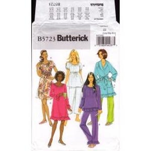 May include: A Butterick sewing pattern package, B5723, featuring illustrations of various women's garments. The designs include dresses, a robe, and pajamas. The package has a white background with black text and images. Measurements are listed in inches.
