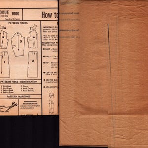 May include: A tan-colored Vogue 1000 sewing pattern instruction sheet featuring black printed text and diagrams. The document displays numbered pattern pieces, including a skirt, bodice, and sleeve, alongside measurement instructions and a scissors icon.