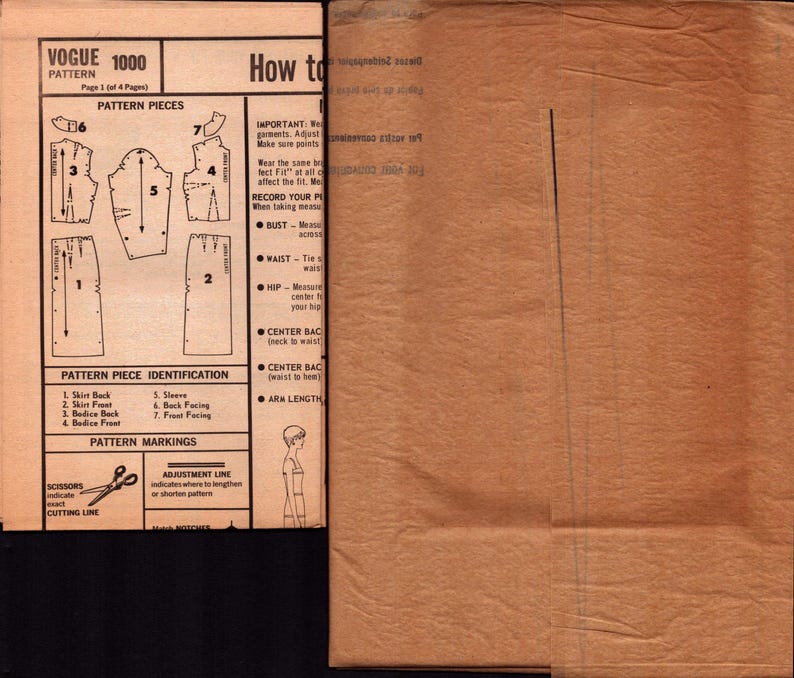 May include: A tan-colored Vogue 1000 sewing pattern instruction sheet featuring black printed text and diagrams. The document displays numbered pattern pieces, including a skirt, bodice, and sleeve, alongside measurement instructions and a scissors icon.