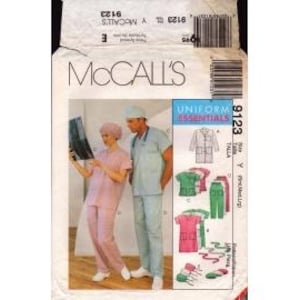 May include: McCall's sewing pattern 9123 for Uniform Essentials. The envelope features illustrations of scrub tops and pants in various colors, along with photos of two individuals wearing light pink and light blue scrub sets.