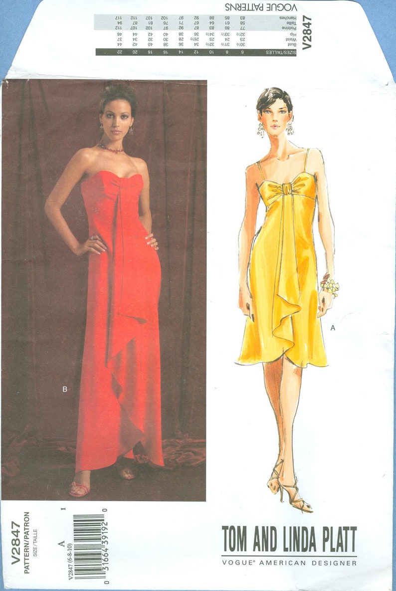 2005 Misses Dress Gown by Designer Tom and Linda Platt Uncut Factory Fold Size 6,8,10 Vogue American Designer Sewing Pattern 2847