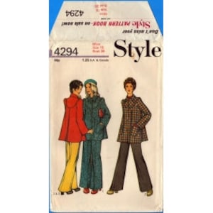May include: Vintage sewing pattern for a women's coat and pants. The pattern is for sizes 8-16 and includes instructions for making a long, loose-fitting coat with a hood and a pair of wide-legged pants.