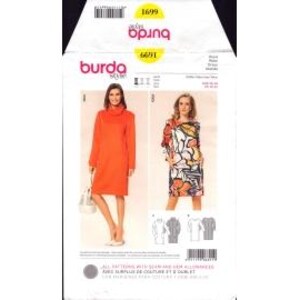 May include: A Burda Style sewing pattern package featuring two dress designs. One dress is a solid orange, long-sleeved, knee-length dress with a turtleneck. The other dress is a knee-length dress with a colorful floral print and a unique sleeve design. The package includes the number 6691.