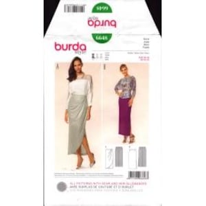 May include: A Burda Style sewing pattern packet featuring two women modeling a skirt and top. The packet is white with the Burda Style logo and pattern number 6648. The skirt is a wrap style, and the top is a long-sleeved blouse. The packet includes size information.