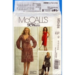 May include: McCall's Sew News pattern M5484 for a wrap dress with long sleeves. The pattern includes three different views: a long-sleeved wrap dress with a printed fabric, a short-sleeved wrap dress with a solid red fabric, and a long-sleeved wrap dress with a black and white patterned fabric.