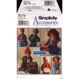May include: A Simplicity 9079 sewing pattern envelope for accessories and wearable art. The front displays photographs of various hats, bags, and clothing items, including a red beanie, a green hat, a brown hat, and a backpack.