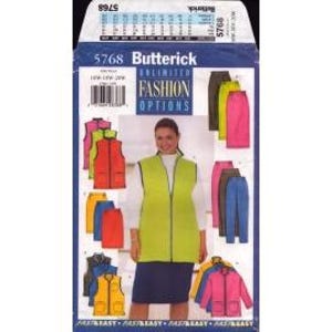 May include: A Butterick sewing pattern, style 5768, featuring a woman modeling a lime green vest with a navy blue skirt. The pattern includes options for vests, skirts, and jackets in various colors. The packaging is predominantly blue and white.