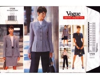 1996 Misses Career Wardrobe A Line Dress  Front Slits Jacket Straight Skirt Tapered Pants UC FF Size 8,10,12 - Vogue Sewing Pattern 1728