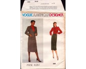 1980s Misses Suit Double Breasted Jacket Front Wrap Straight Skirt Blouse Designer Anne Klein Uncut Size 8 OR 14 - Vogue Sewing Pattern 2250
