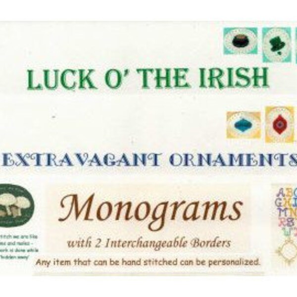 2000s 3 Cross Stitch Patterns - Luck O' the Irish, Extravagant Ornaments & Monograms Borders See Listing - Susan Saltzgiver Designs GP4