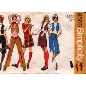 May include: A vintage Simplicity sewing pattern envelope, number 9566, featuring illustrations of five outfits including vests, trousers, and skirts. The text includes 'Size 10', 'Bust 32 1/2', 'Waist 24', and 'Simplicity Fashion Magazine' on a yellow side panel.