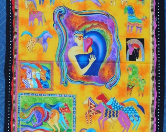 2000s Mythical Horses on Yellow Orange Background Wallhanging Quilt Block by Designer Laurel Burch 44" W x 23" L - Clothworks Fabric Panel