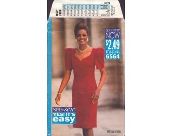 1992 Misses Fitted Straight Sweetheart Neck Dress with Above Elbow Pleated Sleeves Uncut Size 16,18,20,22,24 - Butterick Sewing Pattern 6564